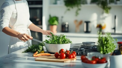 Woman Cooking in Modern Kitchen with Fresh Ingredients