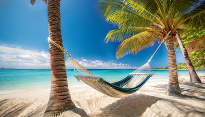 A cozy hammock gently swaying between two palm trees on a sunlit beach, with turquoise waters and a serene sky in the background.