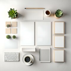 Clean and minimalist mockup with blank stationery and office supplies on a white background.