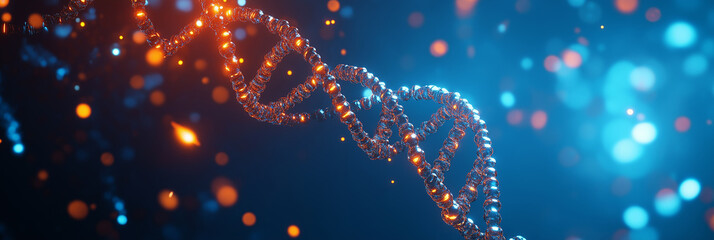 Futuristic 3D DNA helix representing cutting-edge medical technology. Intricate molecular structure in a digital, high-tech environment, symbolizing advancements in genetic research, biotechnology, an