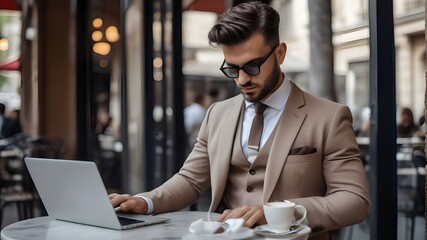 businessman working on laptop in cafe