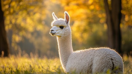 A white alpaca stands in a field of tall grass with a golden autumn background.