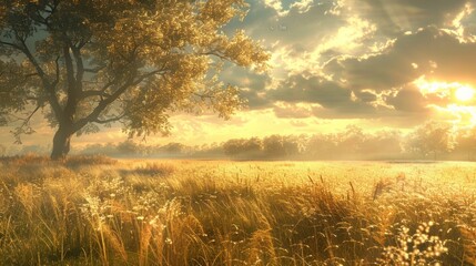 Wall Mural - Breathtaking scenic view of a peaceful autumn meadow bathed in the warm golden glow of a stunning sunset  A single tree stands tall its vibrant foliage reflecting the radiant light across the serene