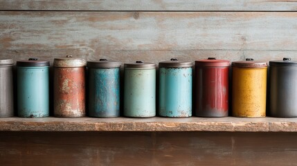 Various vintage metal cans are displayed on a wooden shelf. The diverse colors and textures of these cans show their age and historical significance.