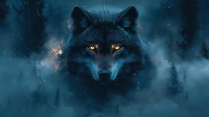 mystical wolf portrait piercing eyes starry night sky misty forest moonlit silhouette