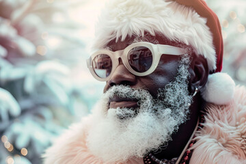 Cool modern black Santa Claus in sunglasses