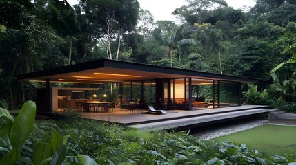 A modern house nestled within the rainforest, featuring an open living space that merges with the surrounding nature