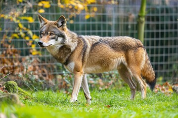 Sticker - A Red Wolf Standing in Grass with a Blurry Fence in the Background