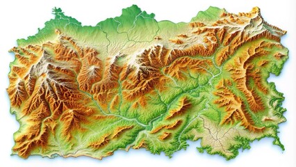 Poster - Vibrant, detailed topographic map showcasing relief features, contours, and elevations of a mountainous region, with subtle shading and precise labeling, on a white background.