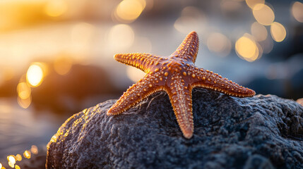 Wall Mural - Starfish on a Rocky Shore at Sunset