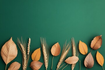 Wall Mural - Autumn leaves with wheat ears on a color background