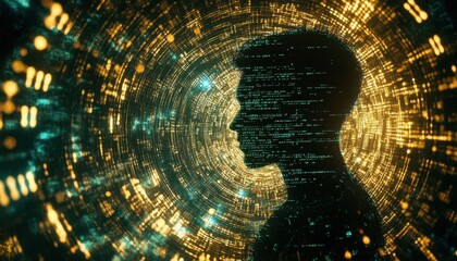 Digital Evolution: Abstract Humanoid in Binary Code Swirls