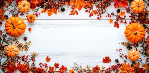 Wall Mural - Fall decorations from pumpkins, berries, and leaves. Concept of Thanksgiving or Halloween. Flat lay autumn composition.