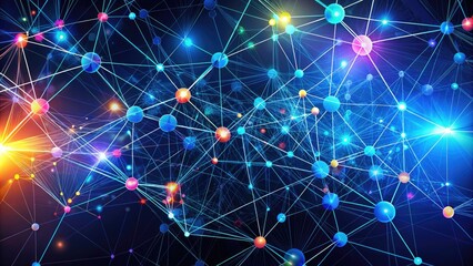 Vibrant geometric network of interconnected nodes and organic shapes on a futuristic dark blue background, conveying complex systems, technology, and digital connections.