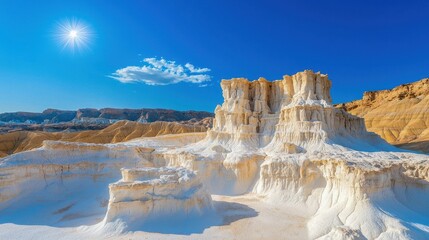 A stunning landscape featuring unique white rock formations under a bright blue sky and radiant sun.