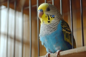 Wall Mural - Close-up of a Blue and Yellow Budgerigar in a Cage