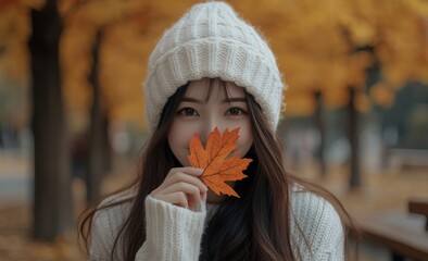 Wall Mural - Young woman in an outdoor lifestyle portrait holding colorful autumn leaves and smiling in a warm hat