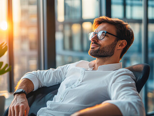 Wall Mural - A man wearing glasses and a white shirt is sitting in a chair