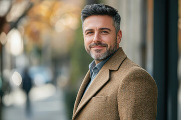 Poster - A man in a brown coat and gray shirt is smiling for the camera