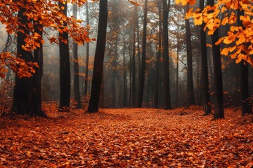 Wall Mural - In a dark and foggy fall forest, a path winds among tall trees amid fading trees.