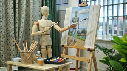 Sticker - Wooden Mannequin Artist Pointing at Painting on Easel