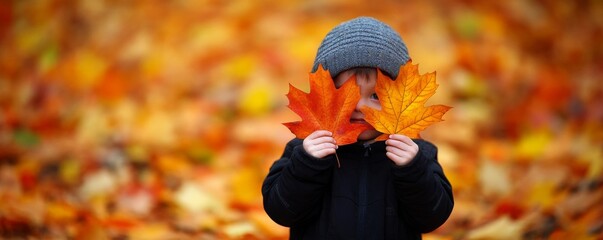 Autumn park play. Young kids throwing yellow leaves. A toddler or preschooler holding a maple leaf and an oak leaf. Your family having fun outdoors in autumn.