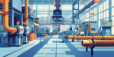 Production Process: An industrial background with pipes and machinery, depicting the steps involved in manufacturing a product. 