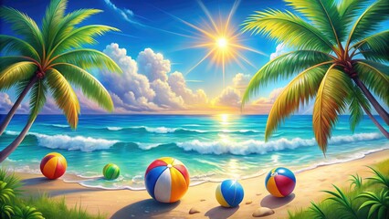 Vibrant illustration of a serene summer beach scene with swaying palm trees, colorful beach balls, and a bright sun shining down on the calm ocean waves.