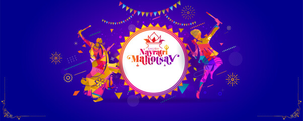 Sticker - Festive background for Indian Navratri festival, dandiya night, kalash sthapana, puja, dandia garba dance, Durga Puja and colorful festive decoration. banner poster template vector illustration.