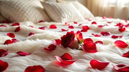 Soft, delicate rose petals scattered romantically across a plush, white bed, evoking feelings of love, intimacy, and tranquility in a serene and peaceful atmosphere.