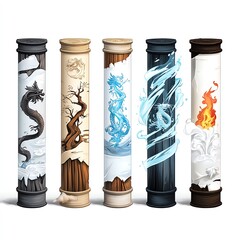 Five artistic pillars representing the elements: fire, water, earth, wood, and air in a vibrant and mystical design.