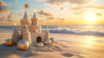 Sand castle with Christmas ornaments on sandy beach against the sea at the sunset. Tropic exotic Christmas. Creative Christmas and new year banner. Happy holidays and festive celebration