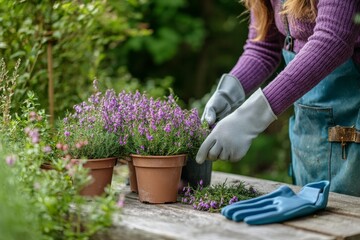 Wall Mural - On a wooden table in the garden, a woman plants calluna vulgaris, common heather, simply heather and erica. It is a seasonally appropriate flower arrangement for a house, balcony or garden.