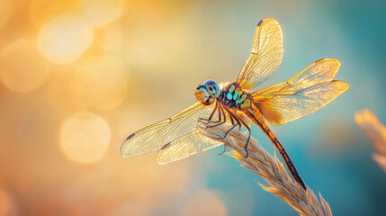 Wall Mural - Dragonfly Perched on Grass in Golden Hour