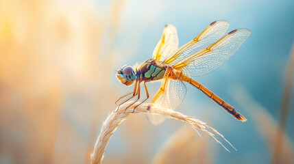 Poster - Dragonfly Perched on Grass Blade - Close Up Macro Photography