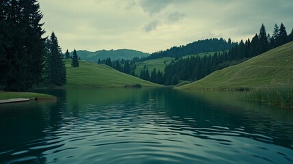 Wall Mural - Serene mountain lake surrounded by lush green hills, with a forest backdrop, under a cloudy sky.