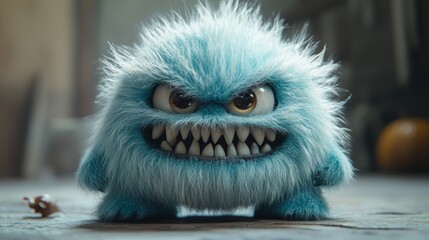 Scary Furry 3D Beast Cartoon Character Posing Isolated on Blue Background: Fluffy Plush Toy Man in a Halloween Hairy Monster Costume