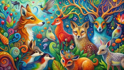 Vibrant, abstract painting featuring a whimsical menagerie of animals, including birds, foxes, and deer, amidst swirling patterns of bright colors and organic shapes.