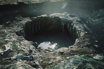 A mysterious sinkhole in an eerie, moss-covered landscape under a gentle mist and glimmering reflection.