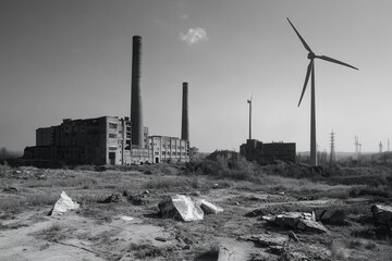 Poster - Closed coal mines stand alongside modern wind turbines, showcasing the shift towards renewable energy sources in industry. Generative AI