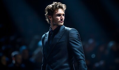 Male Model Walking Runway in Dark Suit Under Stage Lights