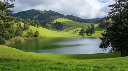 Serene lake nestled in a verdant valley with rolling hills and lush green foliage, under a cloudy sky.