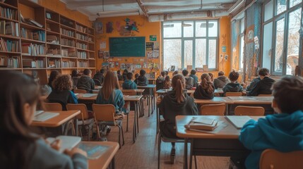 Poster - Students fill an overcrowded classroom, utilizing old educational resources and striving for knowledge despite limited supplies. Generative AI