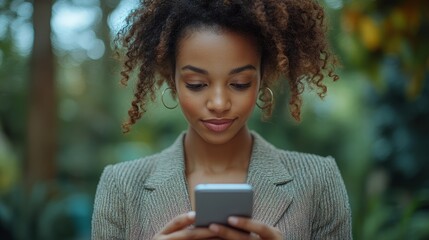 A woman with curly hair is looking at her cell phone