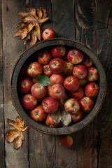 Fresh apple fruit in wooden barrel on table