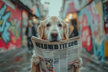 Wall Mural - Golden Retriever Holding a Newspaper in an Urban Setting