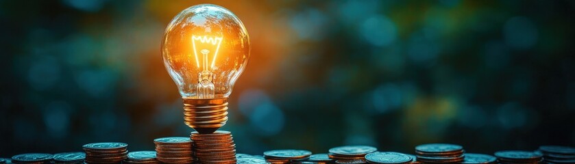 Glowing light bulb amidst stacked coins, symbolizing innovation and financial growth. Conceptual image of business ideas and investment success.