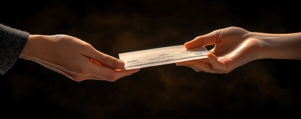 Close-up of two hands exchanging an envelope against a dark background. Represents communication, delivery, and formal correspondence.