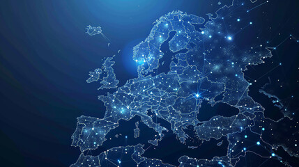 Abstract map of Western Europe, concept of data transfer and cyber technology