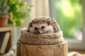 Poster - A Hedgehog Curled Up in a Knitted Blanket on a Wooden Stump